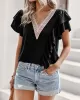 Applique Split-Joint Loose Short Sleeves V-Neck T-Shirts Tops