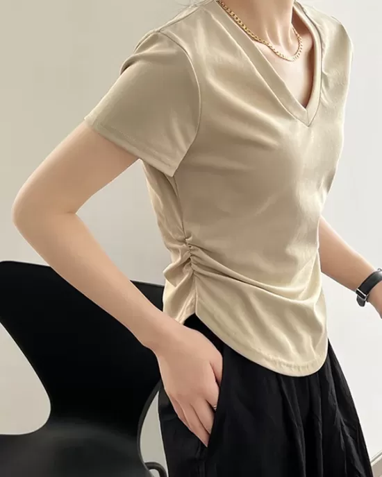 Solid Color Irregular clipping Short Sleeves V-neck T-Shirts Tops