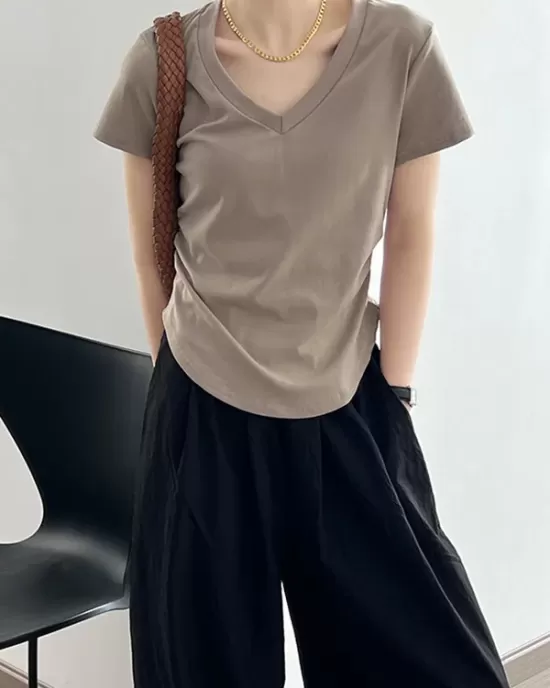 Solid Color Irregular clipping Short Sleeves V-neck T-Shirts Tops