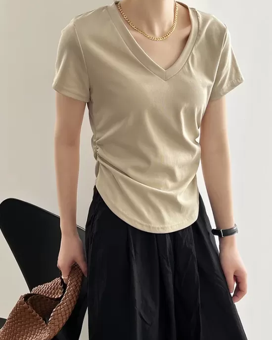 Solid Color Irregular clipping Short Sleeves V-neck T-Shirts Tops