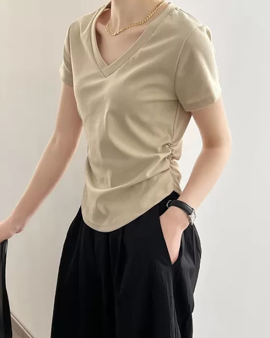 Solid Color Irregular clipping Short Sleeves V-neck T-Shirts Tops