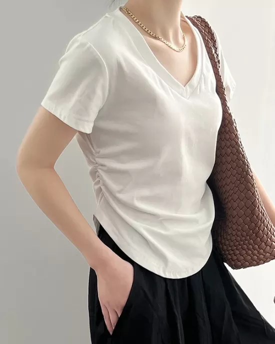 Solid Color Irregular clipping Short Sleeves V-neck T-Shirts Tops