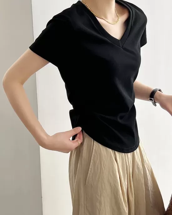 Solid Color Irregular clipping Short Sleeves V-neck T-Shirts Tops