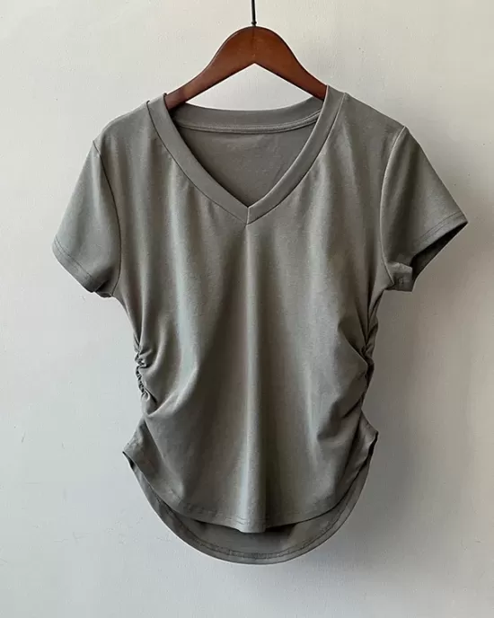 Solid Color Irregular clipping Short Sleeves V-neck T-Shirts Tops