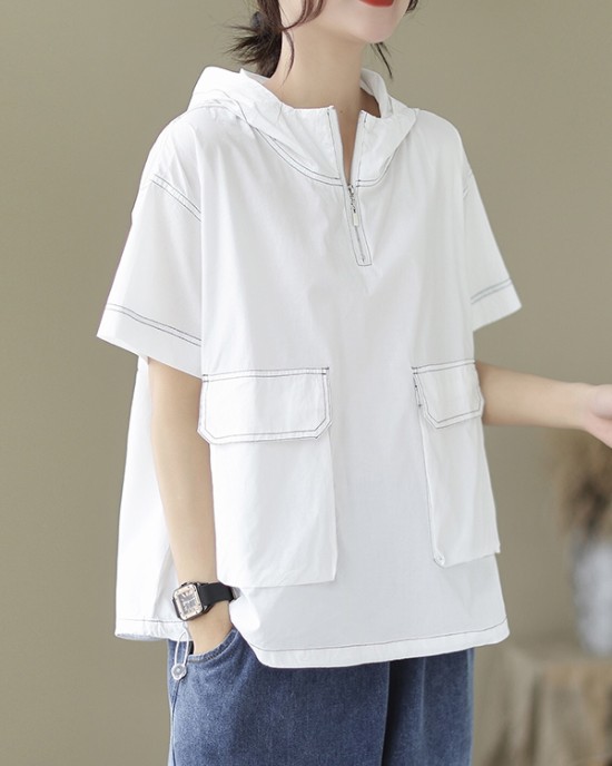 Zipper Loose Short Sleeves Hooded T-Shirts Tops