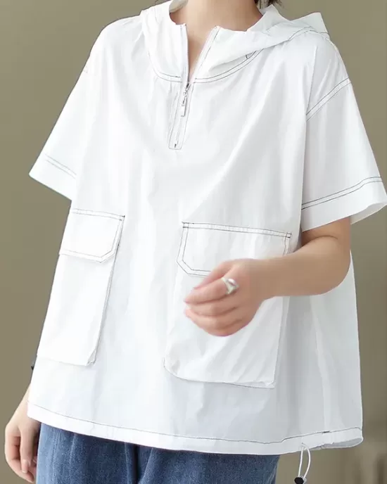 Zipper Loose Short Sleeves Hooded T-Shirts Tops