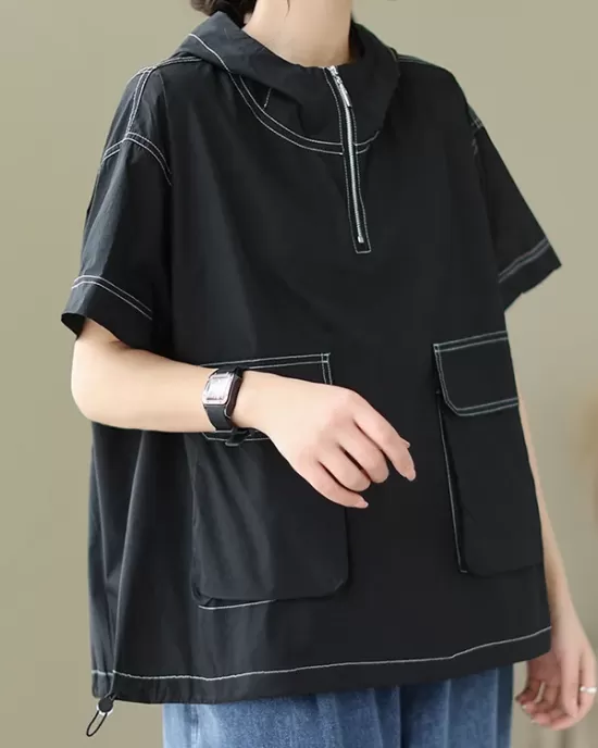 Zipper Loose Short Sleeves Hooded T-Shirts Tops