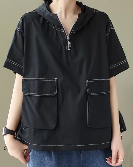 Zipper Loose Short Sleeves Hooded T-Shirts Tops