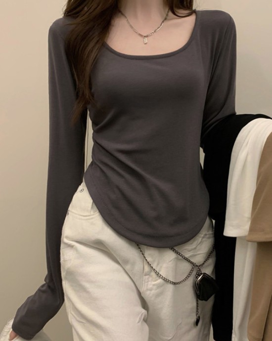 Solid Color Long Sleeves Skinny Square-Neck T-Shirts Tops