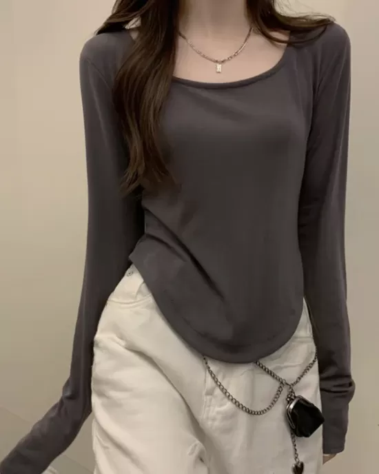 Solid Color Long Sleeves Skinny Square-Neck T-Shirts Tops