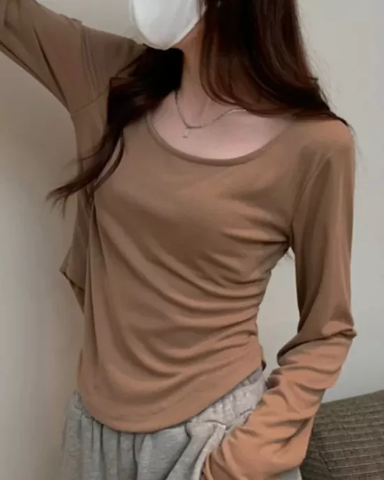 Solid Color Long Sleeves Skinny Square-Neck T-Shirts Tops