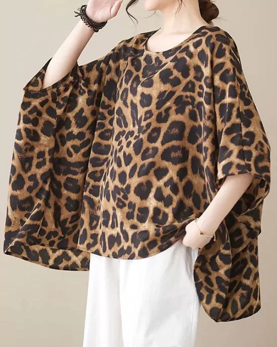 Leopard Batwing Sleeves Loose Round-Neck T-Shirts Tops