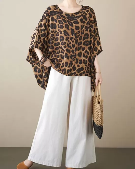 Leopard Batwing Sleeves Loose Round-Neck T-Shirts Tops