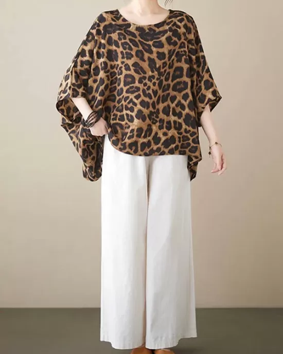 Leopard Batwing Sleeves Loose Round-Neck T-Shirts Tops