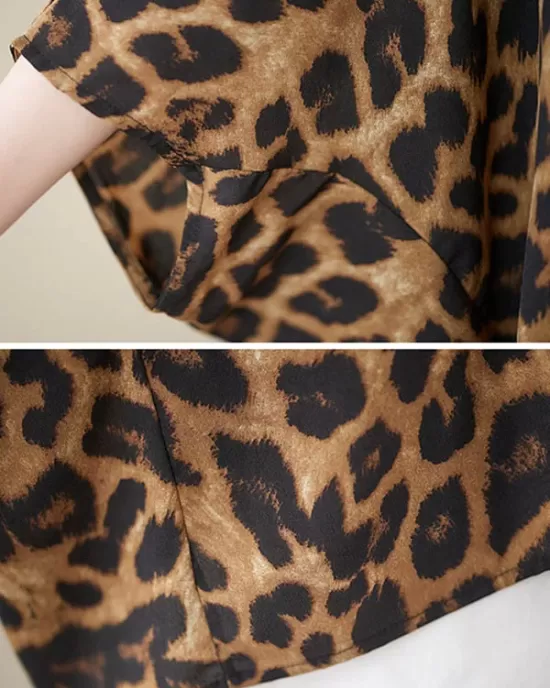 Leopard Batwing Sleeves Loose Round-Neck T-Shirts Tops