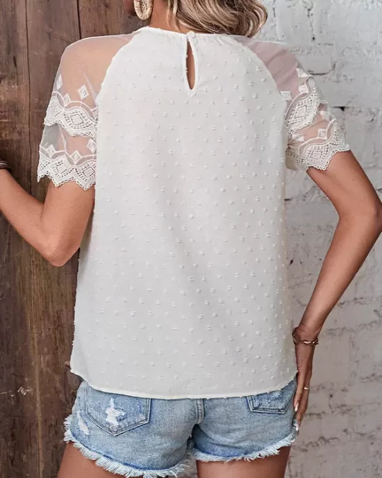 See-Through Lace Split-Joint Loose Short Sleeves Round-Neck T-Shirts Tops