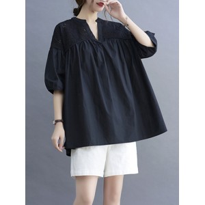 Hollow Pleated Solid Color Split-Joint Half Sleeves Loose V-Neck T-Shirts