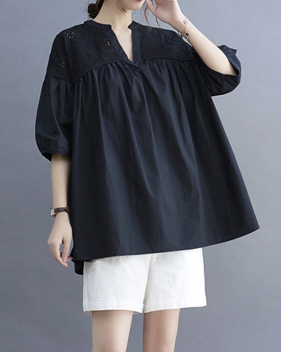 Hollow Pleated Solid Color Split-Joint Half Sleeves Loose V-Neck T-Shirts