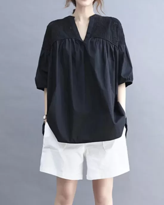 Hollow Pleated Solid Color Split-Joint Half Sleeves Loose V-Neck T-Shirts