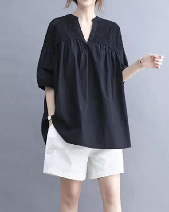 Hollow Pleated Solid Color Split-Joint Half Sleeves Loose V-Neck T-Shirts