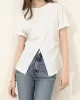 Pleated Solid Color Split-Front Split-Joint Batwing Sleeves Loose Round-Neck T-Shirts