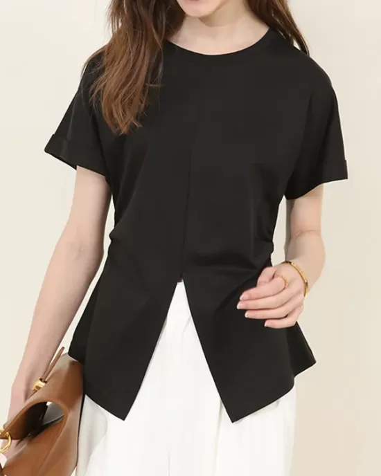 Pleated Solid Color Split-Front Split-Joint Batwing Sleeves Loose Round-Neck T-Shirts