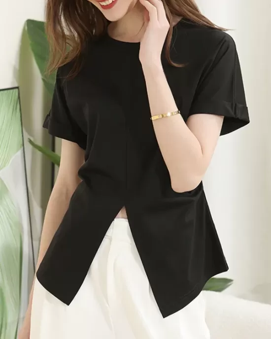 Pleated Solid Color Split-Front Split-Joint Batwing Sleeves Loose Round-Neck T-Shirts