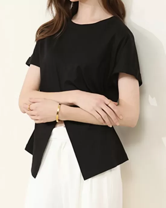 Pleated Solid Color Split-Front Split-Joint Batwing Sleeves Loose Round-Neck T-Shirts