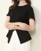 Pleated Solid Color Split-Front Split-Joint Batwing Sleeves Loose Round-Neck T-Shirts