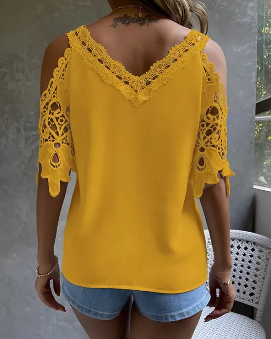 Lacy Solid Color Loose Short Sleeves Cold Shoulder T-Shirts Tops