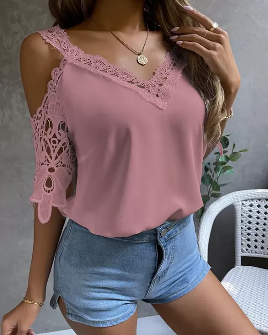 Lacy Solid Color Loose Short Sleeves Cold Shoulder T-Shirts Tops