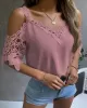 Lacy Solid Color Loose Short Sleeves Cold Shoulder T-Shirts Tops