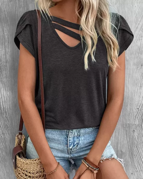 Solid Color Loose Short Sleeves V-neck T-Shirts Tops