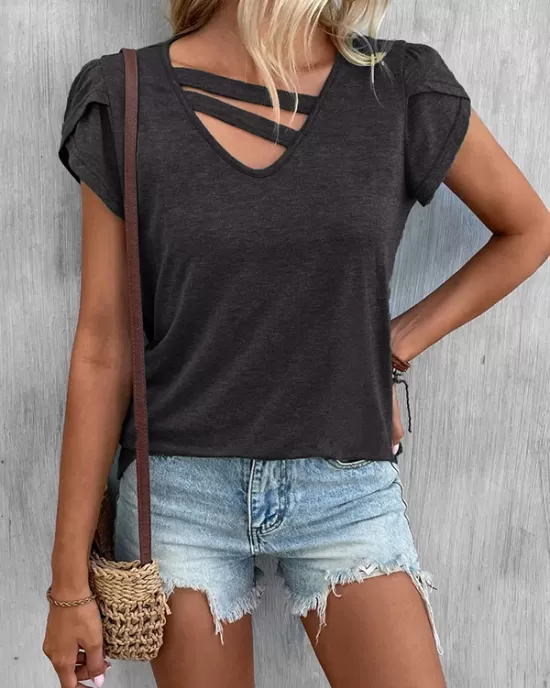 Solid Color Loose Short Sleeves V-neck T-Shirts Tops