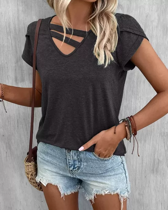 Solid Color Loose Short Sleeves V-neck T-Shirts Tops