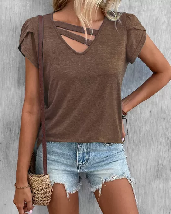 Solid Color Loose Short Sleeves V-neck T-Shirts Tops