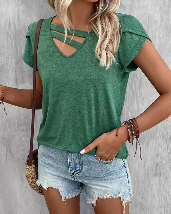 Solid Color Loose Short Sleeves V-neck T-Shirts Tops