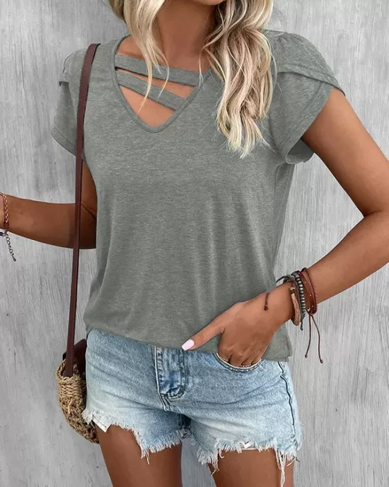 Solid Color Loose Short Sleeves V-neck T-Shirts Tops