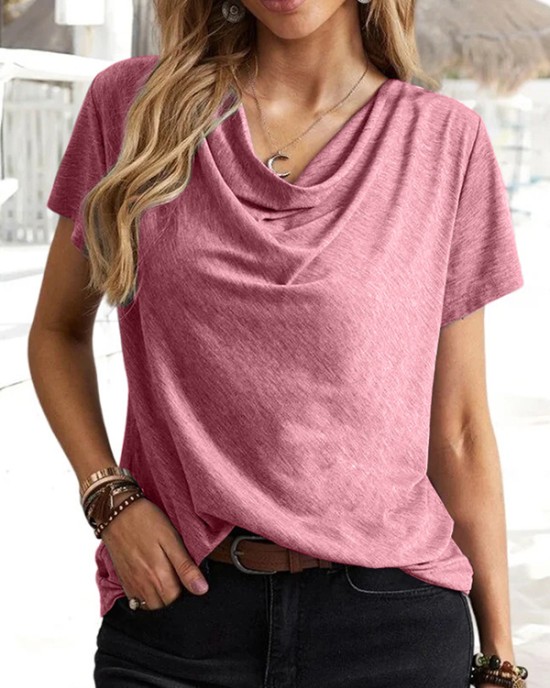 Solid Color Loose Short Sleeves U-Neck T-Shirts Tops