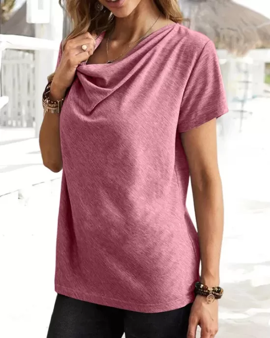 Solid Color Loose Short Sleeves U-Neck T-Shirts Tops