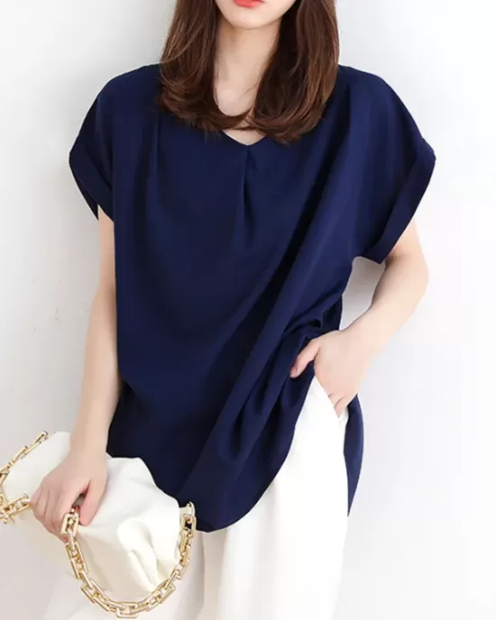 Back Pleated Solid Color Loose Short Sleeves Round-Neck T-Shirts Tops