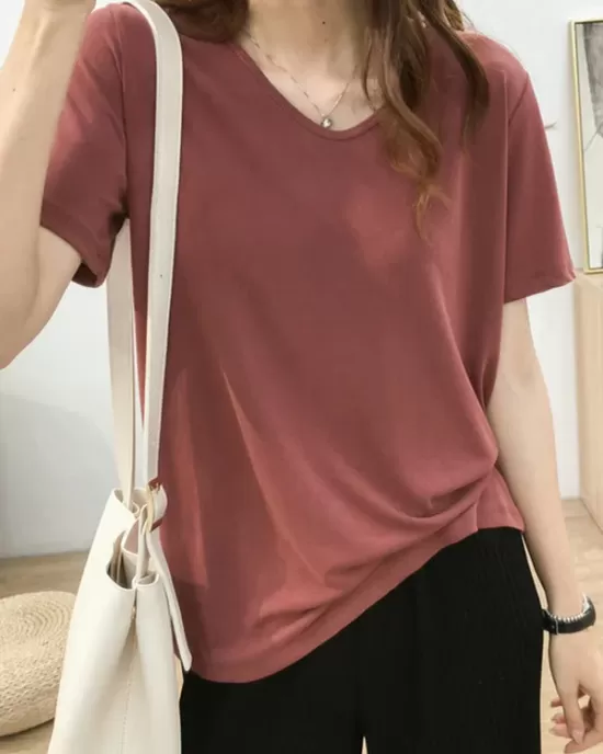 Solid Color Loose Short Sleeves U-Neck T-Shirts Tops