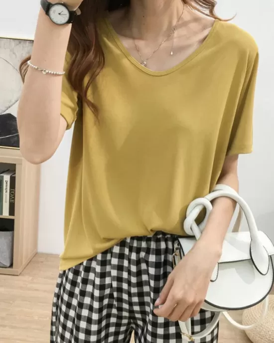 Solid Color Loose Short Sleeves U-Neck T-Shirts Tops