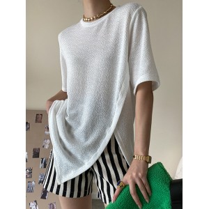 Asymmetric See-Through Solid Color Split-Front Half Sleeves Loose Round-Neck T-Shirts