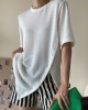 Asymmetric See-Through Solid Color Split-Front Half Sleeves Loose Round-Neck T-Shirts