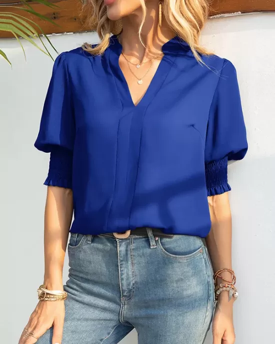 Solid Color Half Sleeves Loose V-Neck T-Shirts Tops