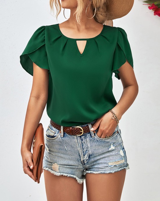 Hollow Solid Color Loose Short Sleeves Round-Neck T-Shirts Tops