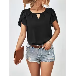 Hollow Solid Color Loose Short Sleeves Round-Neck T-Shirts Tops