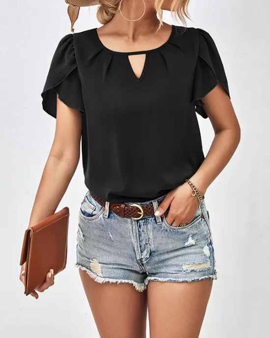 Hollow Solid Color Loose Short Sleeves Round-Neck T-Shirts Tops