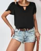 Hollow Solid Color Loose Short Sleeves Round-Neck T-Shirts Tops